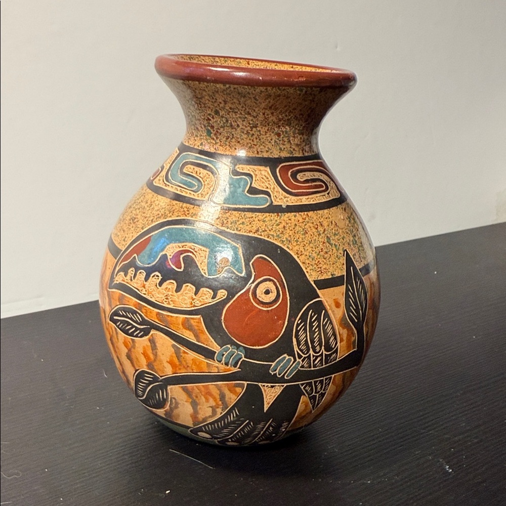 Handcrafted Multicolor Clay Vase Costa Rica signed